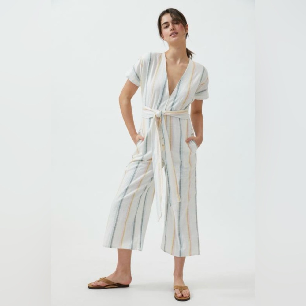Billabong Striped Jumpsuit in White and Tan